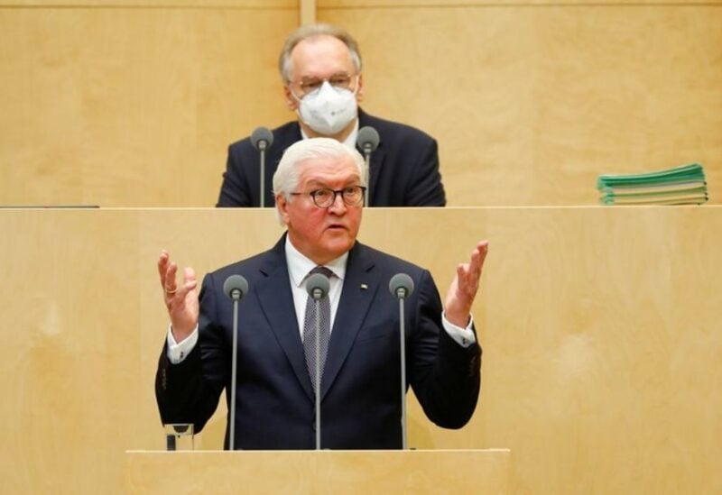 FILE PHOTO: German President Frank-Walter Steinmeier speaks in the Bundesrat, the upper house of parliament, in Berlin, February 12, 2021.