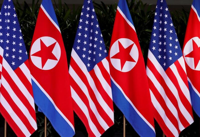 FILE PHOTO: U.S. and North Korean national flags are seen at the Capella Hotel on Sentosa island in Singapore June 12, 2018.