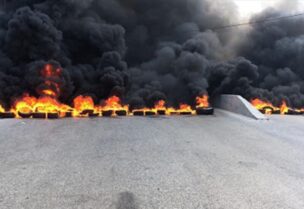 Tires burned on a highway in Lebanon