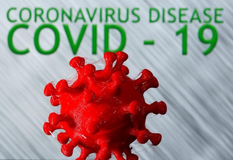 FILE PHOTO: A 3D-printed coronavirus model is seen in front of the words coronavirus disease (Covid-19) on display in this illustration taken March 25, 2020.