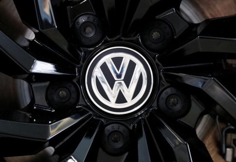 The logo of German carmaker Volkswagen is seen on a rim cap in a showroom of a Volkswagen car dealer in Brussels