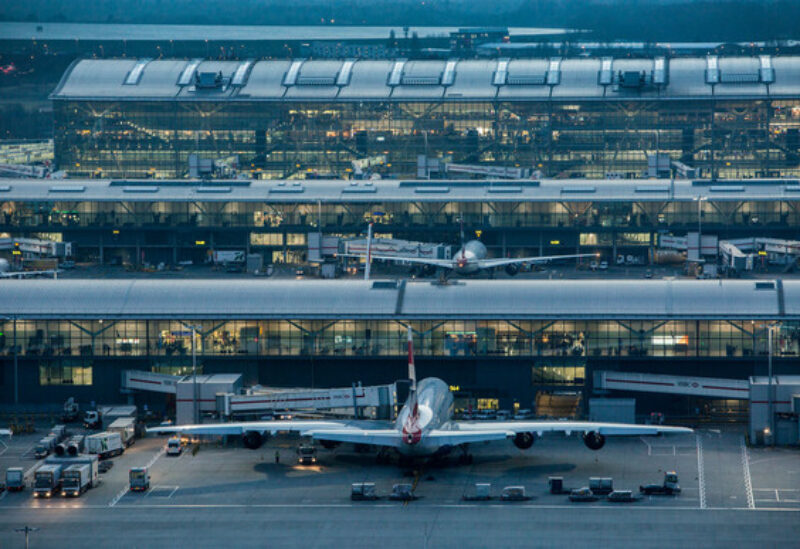 Heathrow Airport, Terminal 5 complex viewed from control tower, February 2018