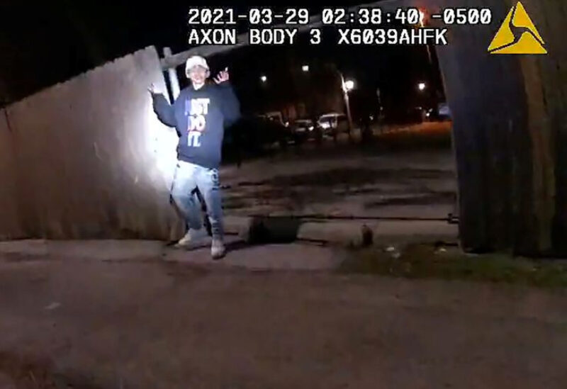 Adam Toledo, 13, holds up his hands a split second before he was shot by police in Little Village, a neighborhood on the West Side of Chicago, Illinois, U.S. March 29, 2021 in a still image from police body camera video. Image taken March 29, 2021.