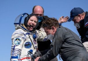 The International Space Station (ISS) crew member Kathleen Rubins of NASA reacts shortly after the landing of the Soyuz MS-17 space capsule in a remote area outside Zhezkazgan, Kazakhstan April 17, 2021.