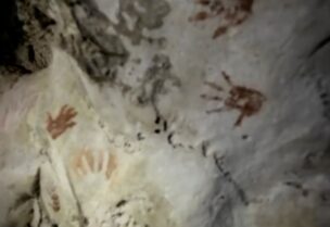 Hand prints, reportedly 1,200 years old, are seen on the cave walls, in Merida, Mexico April 2021, in this screengrab taken from a handout video. SERGIO GROSJEAN/Handout via REUTERS