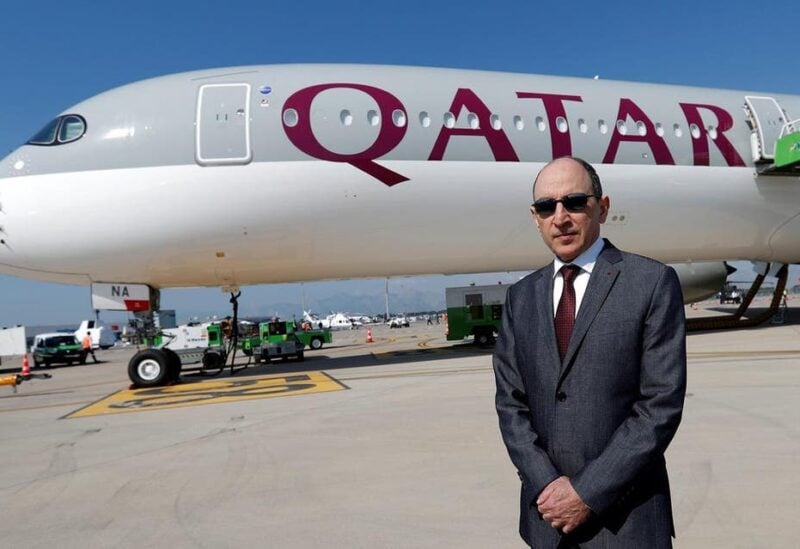 A file photo shows Qatar Airways CEO Akbar al-Baker poses in front of an Airbus A350-1000 at the Eurasia Airshow in the Mediterranean resort city of Antalya, Turkey, on April 25, 2018. (Reuters)