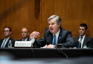 Christopher Wray, Director of the FBI, speaks during a Senate Appropriations Subcommittee on Commerce, Justice, Science, and Related Agencies hearing June 23, 2021. (AFP)