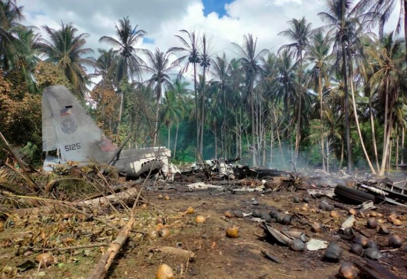 View of the site after a Philippines Air Force Lockheed C-130 plane carrying troops crashed on landing in Patikul, Sulu province, Philippines July 4, 2021. Armed Forces of the Philippines - Joint Task Force Sulu/Handout via REUTERS