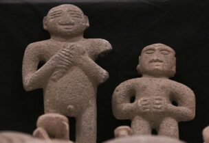 Pre-Columbian stone statues, repatriated from the Brooklyn Museum in New York, U.S., are displayed for its classification by archaeologists at the facilities of the Costa Rica's National Museum, in Pavas, Costa Rica July 2, 2021. Picture taken July 2, 2021. REUTERS/Mayela Lopez