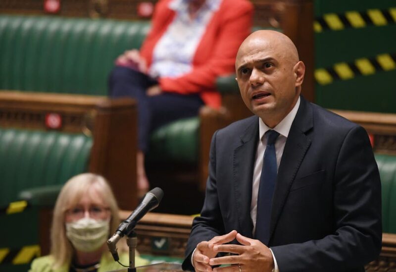 Britain's Secretary of State for Health and Social Care Sajid Javid gives a statement on the coronavirus disease (COVID-19) update during a session in Parliament, in London, Britain July 12, 2021. (Reuters)