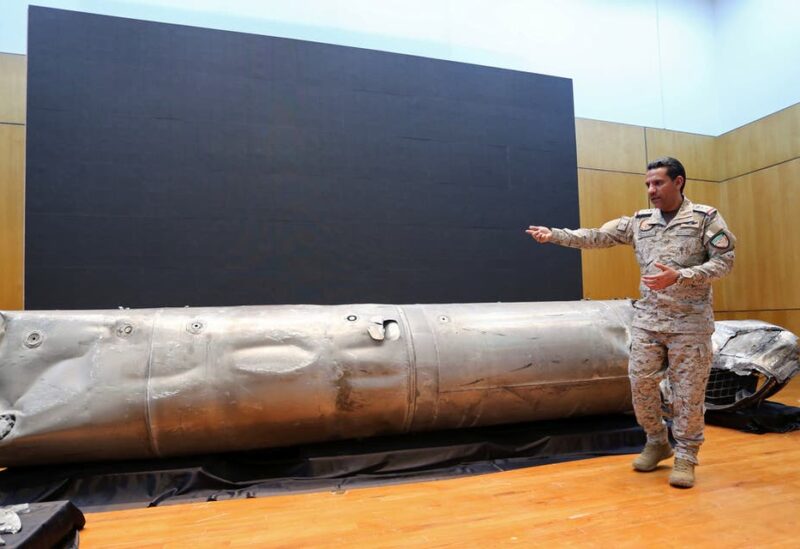 Arab coalition spokesman, Colonel Turki al-Malki, speaks as he displays the debris of a ballistic missile which he says was launched by Yemen's Houthi group towards the capital Riyadh, during a news conference in Riyadh, Saudi Arabia March 29, 2020. (Reuters)