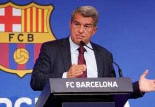 FC Barcelona president Joan Laporta during the press conference in Barcelona, Spain, on Agust 6, 2021. (Reuters)