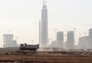 A general view of the construction site of the futuristic tower skyscraper in a business district that is being built in the New Administrative Capital (NAC) east of Cairo, Egypt, on July 5, 2021. (Reuters)