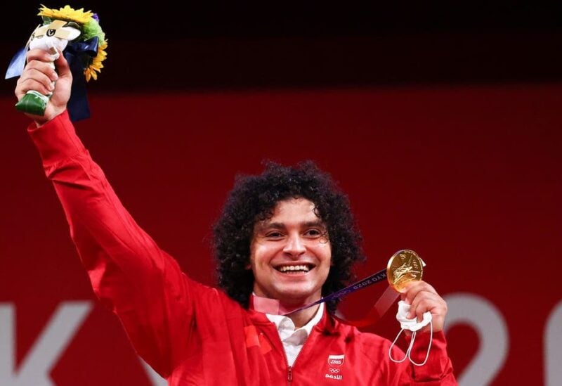 Gold medalist Fares Ibrahim Elbakh of Qatar reacts. (Reuters)