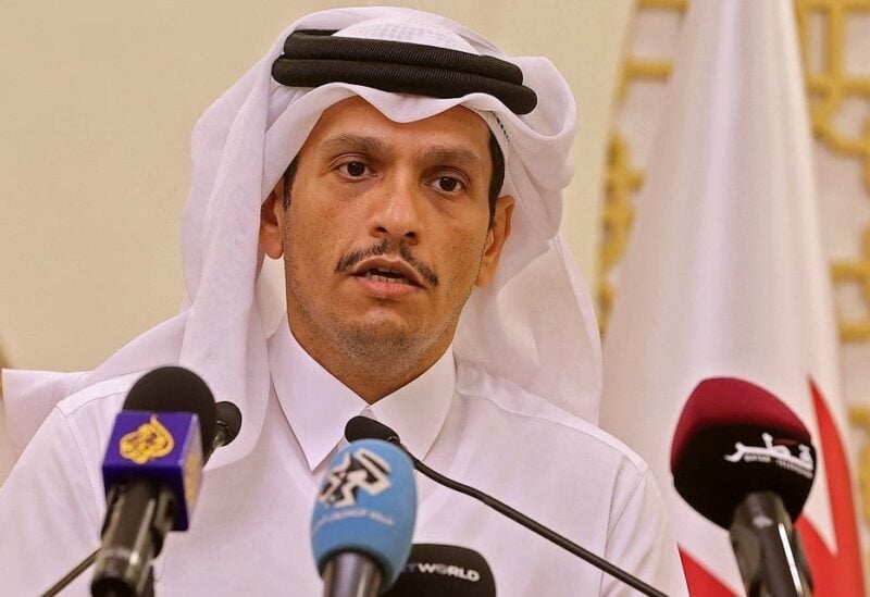 Qatari Foreign Minister Mohammed bin Abdulrahman al-Thani holds a joint press conference with his French counterpart (unseen) in Qatar's capital Doha, on September 13, 2021. (Karim Jaafar/AFP)