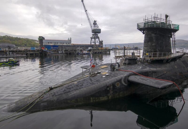 Vanguard-class submarine HMS Vigilant, one of the UK's four nuclear warhead-carrying submarines at HM Naval Base Clyde, Faslane, west of Glasgow, Scotland on April 29, 2019. A tour of the submarine was arranged to mark fifty years of the continuous, at sea nuclear deterrent. (AP)
