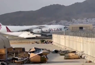 A Qatari aircraft lands in Kabul carrying a technical team to discuss the resumption of airport operations after the Taliban takeover of Afghanistan. (Screengrab)