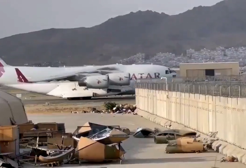 A Qatari aircraft lands in Kabul carrying a technical team to discuss the resumption of airport operations after the Taliban takeover of Afghanistan. (Screengrab)