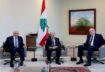 Lebanon's President Michel Aoun meets with Lebanese Prime Minister Najib Mikati and Lebanese Speaker of the Parliament Nabih Berri at the presidential palace in Baabda