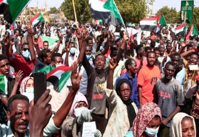 Sudanese demonstrators raise national flags