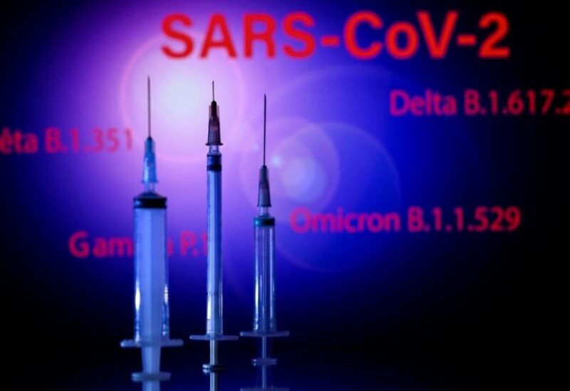This photograph taken on December 2, 2021, shows a syringe and a screen displaying the SARS-Cov-2 mains variants : Alpha, Beta, Delta, Gamma and Omicron
