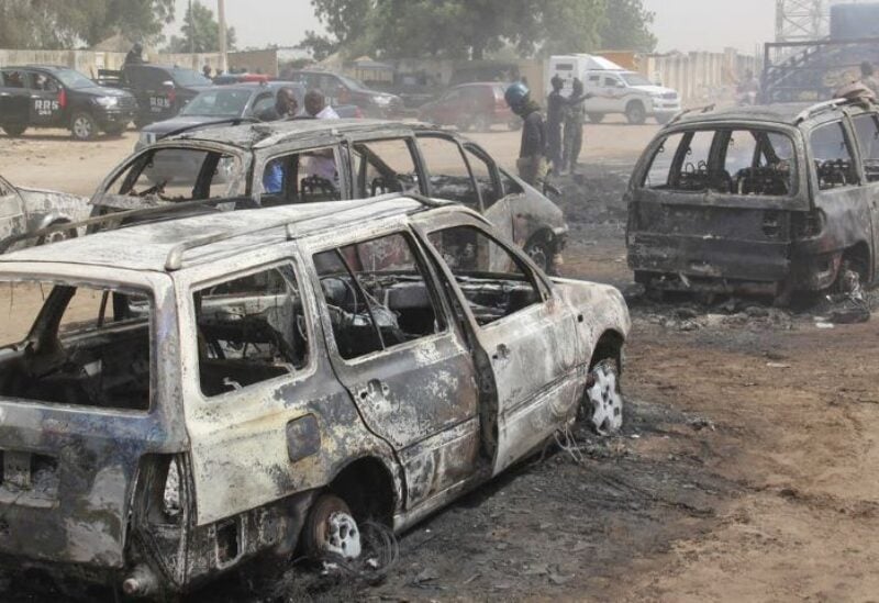 Cars burnt down by suspected members of the Islamic State West Africa Province (ISWAP) during an attack on February 9, 2020