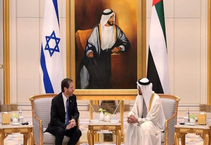 Abu Dhabi’s Crown Prince Sheikh Mohammed bin Zayed al-Nahyan (R) meeting with Israel’s President Isaac Herzog (L) in the UAE capital Abu Dhabi