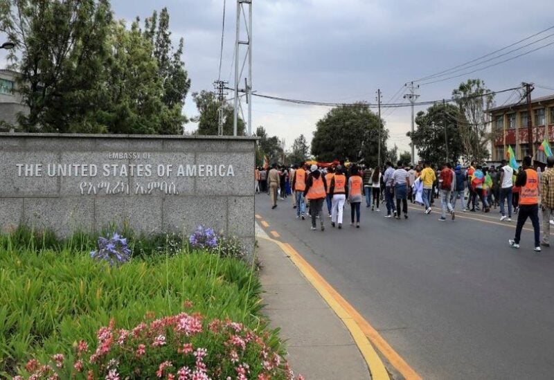 Ethiopians protest against the United States outside the US embassy in the capital Addis Ababa, Ethiopia,