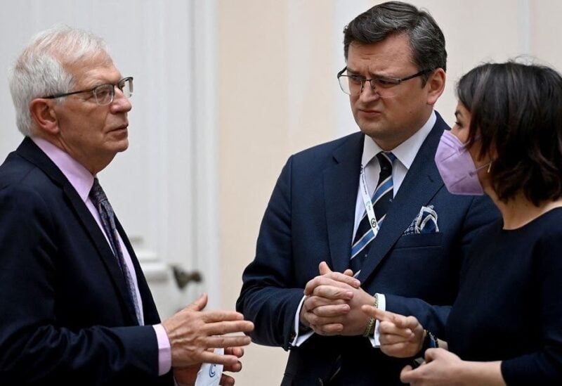 Ukrainian Foreign Minister Dmytro Kuleba talks with the High Representative of the European Union for Foreign Affairs and Security Policy Josep Borrell and German Foreign Minister Annalena Baerbock
