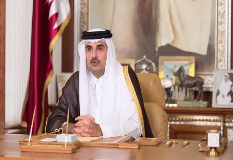 A file photo shows Emir of Qatar Sheikh Tamim bin Hamad al-Thani delivers a speech in Doha, Qatar