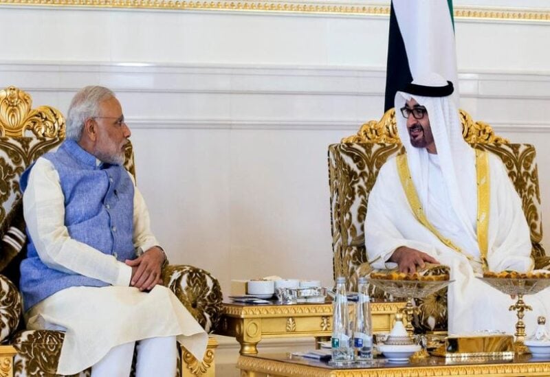 Crown Prince of Abu Dhabi Sheikh Mohammed bin Zayed and Prime Minister of India, left, at the presidential lounge of the Abu Dhabi airport