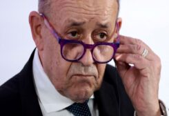 French Foreign Minister Jean-Yves Le Drian attends a news conference following an extraordinary meeting of European Union foreign ministers to discuss Ukraine crisis, in Paris, France