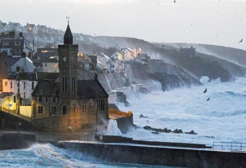 Large waves and strong winds hit during Storm Eunice, in Porthleven, Cornwall, Britain,