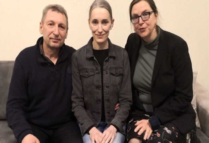Natallia Hersche (center) after her release on Feb. 17, 2022. She was detained in Belarus for protesting in the country in 2020