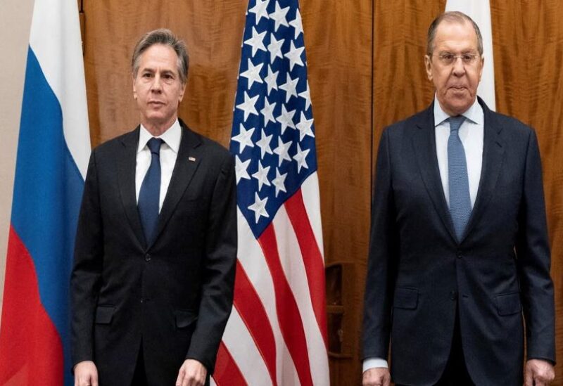 Secretary of State Antony Blinken next to Russian FM Sergei Lavrov in Geneva, Jan. 21, 2022