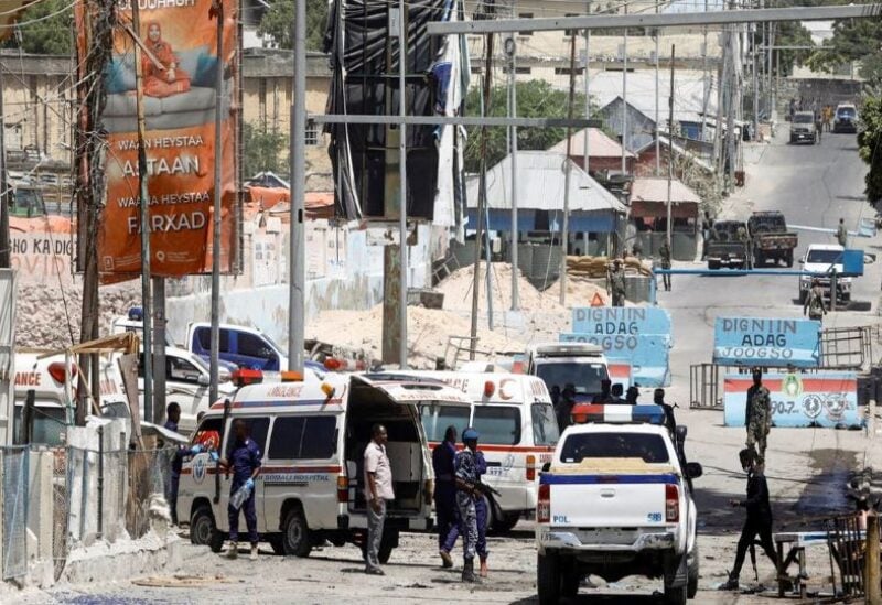 Somali security forces secure the road leading to the scene of an explosion at a checkpoint near the Presidential palace in Mogadishu, Somalia February 10, 2022. (Reuters)