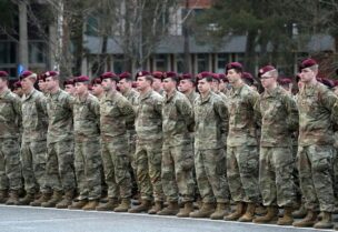 U.S. troops attend arrival ceremony in Adazi military base, Latvia