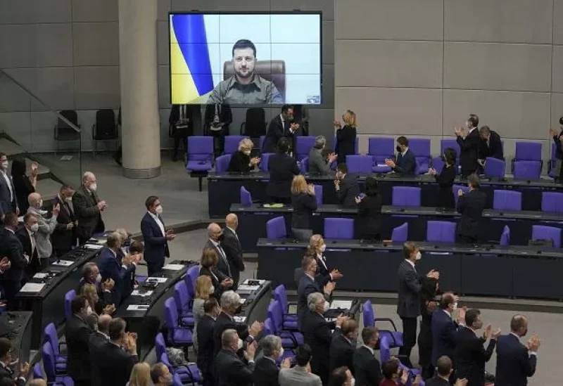 Ukraine's President Volodymyr Zelenskiy addresses Germany's lower house of parliament, the Bundestag, via videolink, after Russia's invasion of Ukraine, in Berlin, Germany, March 17, 2022.
