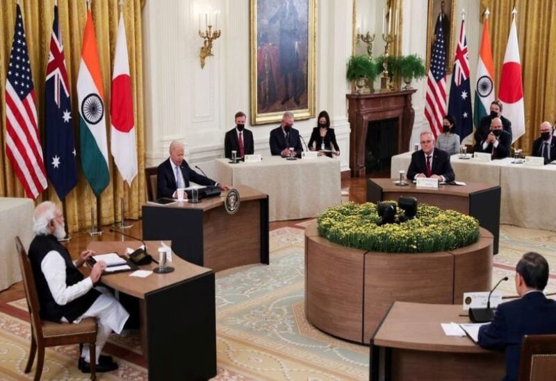 US President Joe Biden hosts a 'Quad nations' meeting at the Leaders' Summit of the Quadrilateral Framework with India's Prime Minister Narendra Modi, Australia's Prime Minister Scott Morrison and Japan's Prime Minister Yoshihide Suga in the East Room at the White House in Washington,
