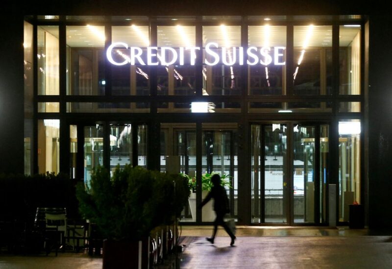 The logo of Swiss bank Credit Suisse is seen at an office building in Zurich, Switzerland February 21, 2022. REUTERS/Arnd Wiegmann/File Photo