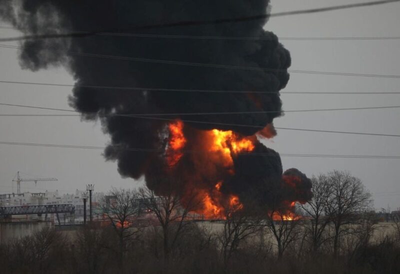 A view shows a fuel depot on fire in the city of Belgorod, Russia April 1, 2022. Pavel Kolyadin/BelPressa/Handout via REUTERS