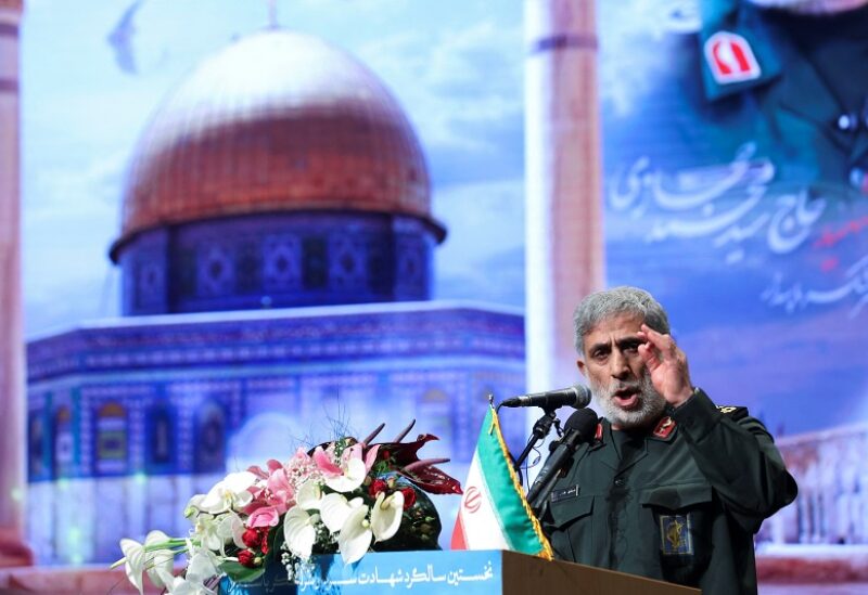 Brigadier General Esmail Qaani, the head of the Revolutionary Guards' Quds Force, speaks during a ceremony marking the anniversary of the death of senior Iranian military commander Mohammad Hejazi, in Tehran, Iran April 14, 2022. Majid Asgaripour/WANA (West Asia News Agency) via REUTERS ATTENTION EDITORS - THIS IMAGE HAS BEEN SUPPLIED BY A THIRD PARTY.