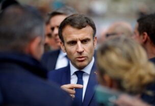 French President and centrist LREM party candidate for re-election Macron campaigns in Brittany