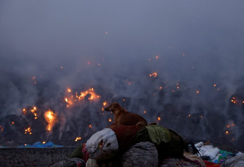 A dog sits next to the burning garbage at the Bhalswa landfill site in New Delhi, India, April 27, 2022. REUTERS/Adnan Abidi TPX IMAGES OF THE DAY