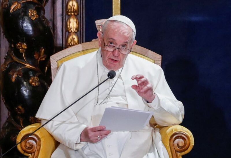 Pope Francis speaks in the “Ambassadors' Chamber” of the Grand Master’s Palace in Valletta, Malta, April 2, 2022.