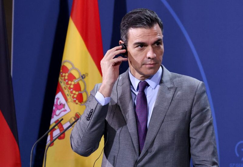 Spanish Prime Minister Pedro Sanchez looks on during a press statement with German Chancellor Olaf Scholz at the Chancellery in Berlin, Germany, March 18, 2022. Filip Singer/Pool via REUTERS