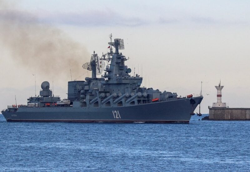 FILE PHOTO: The Russian Navy's guided missile cruiser Moskva sails back into a harbour after tracking NATO warships in the Black Sea, in the port of Sevastopol, Crimea November 16, 2021. REUTERS/Alexey Pavlishak/File Photo