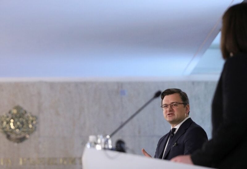Ukrainian Foreign Minister Dmytro Kuleba gives a statement, during a news conference with Bulgarian counterpart Teodora Genchovska, in Sofia, Bulgaria, April 19, 2022. REUTERS/Stoyan Nenov