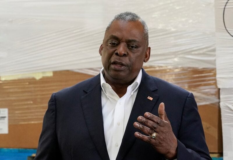 U.S. Secretary of Defense Lloyd Austin speaks with reporters after returning from their trip to Kyiv and meeting with Ukrainian President Volodymyr Zelenskiy, near the Ukraine border, in Poland, April 25, 2022. Alex Brandon/Pool via REUTERS
