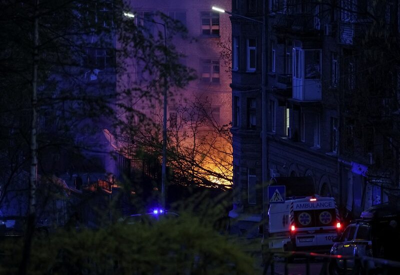 Fire burns in a building after a shelling, amid Russia's invasion of Ukraine, in Kyiv, Ukraine April 28, 2022. REUTERS/Gleb Garanich